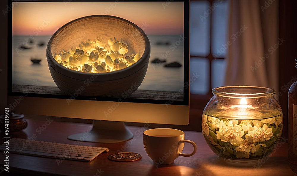  a computer monitor with a bowl of flowers on it and a cup of coffee in front of it.  generative ai