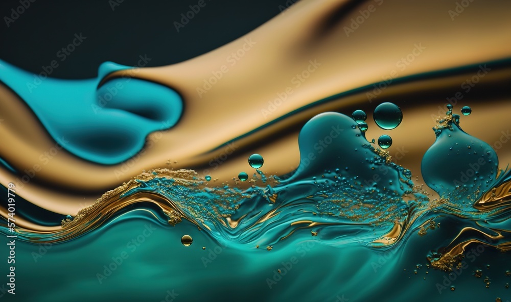  a blue and gold liquid swirl with a black background and a black background.  generative ai