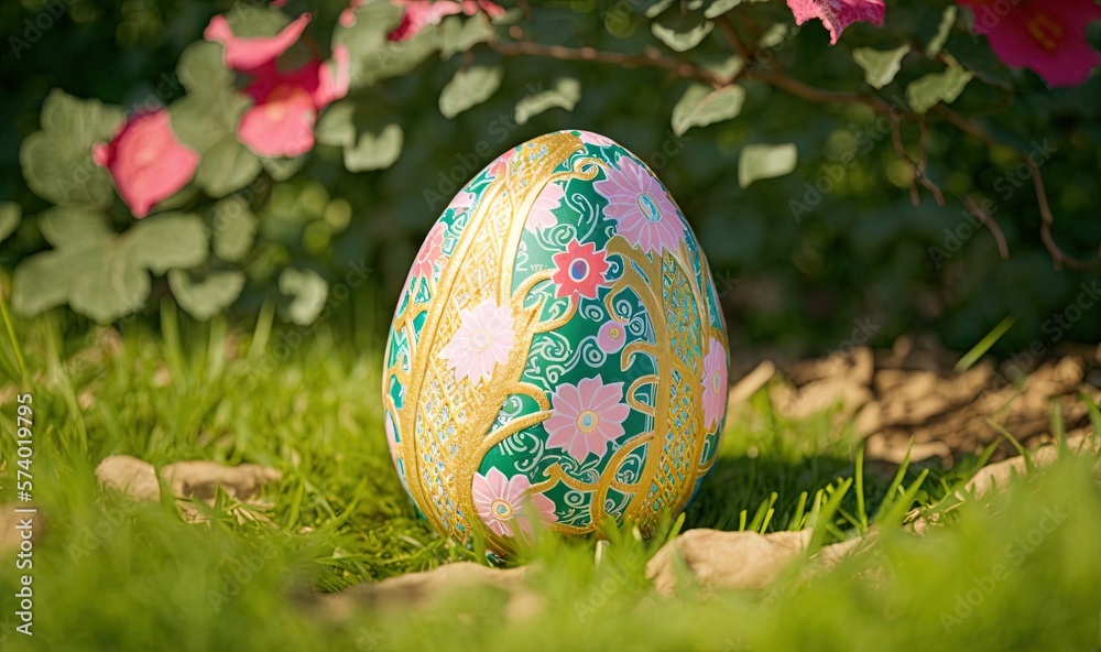  a painted egg sitting in the grass near a bush with pink flowers.  generative ai