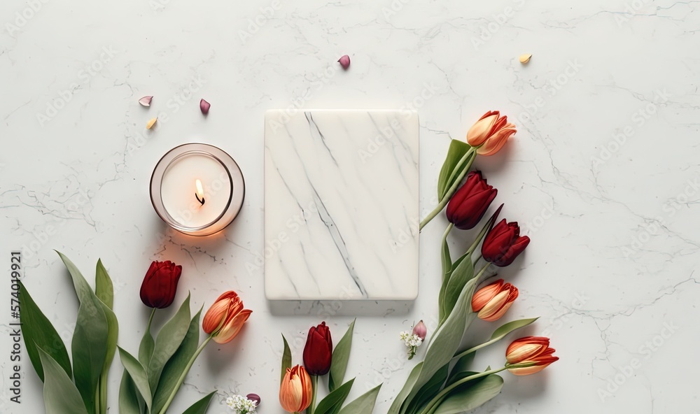  a marble block surrounded by tulips and a candle.  generative ai