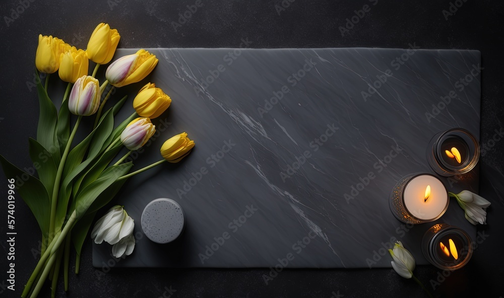  yellow tulips and candles on a slate board with a marble background.  generative ai