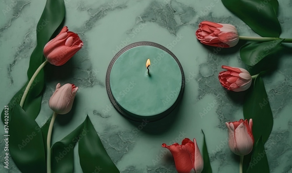  a green candle surrounded by red flowers on a green surface.  generative ai