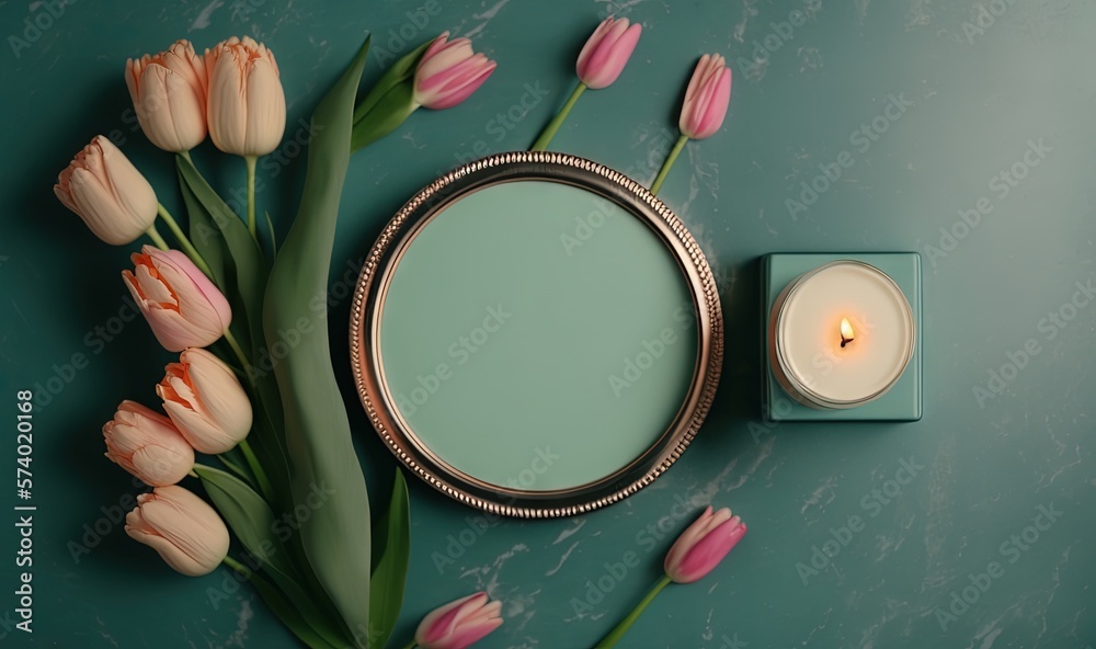  a mirror and a candle on a table with tulips.  generative ai