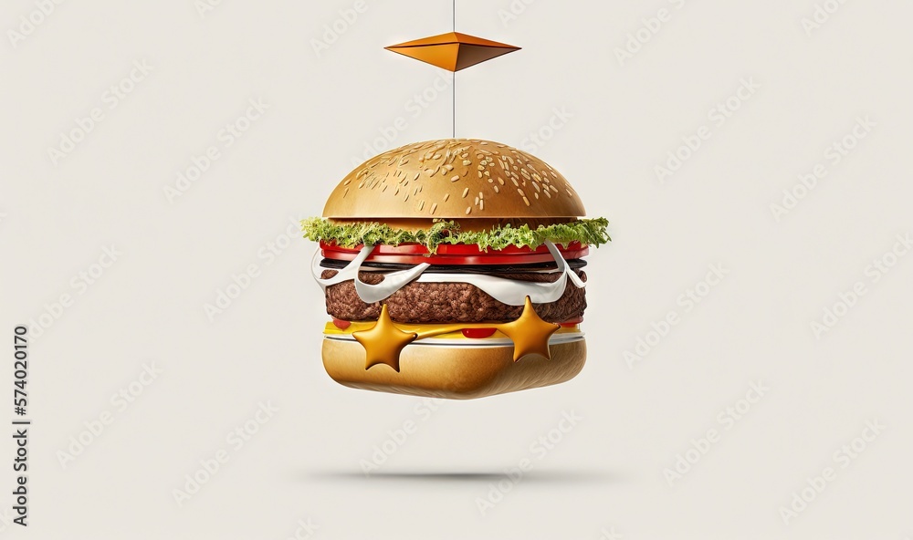  a hamburger hanging from a string with a bird on it.  generative ai