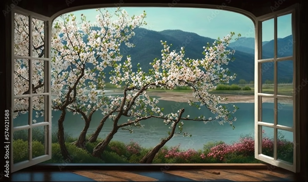  an open window with a view of a lake and mountains.  generative ai