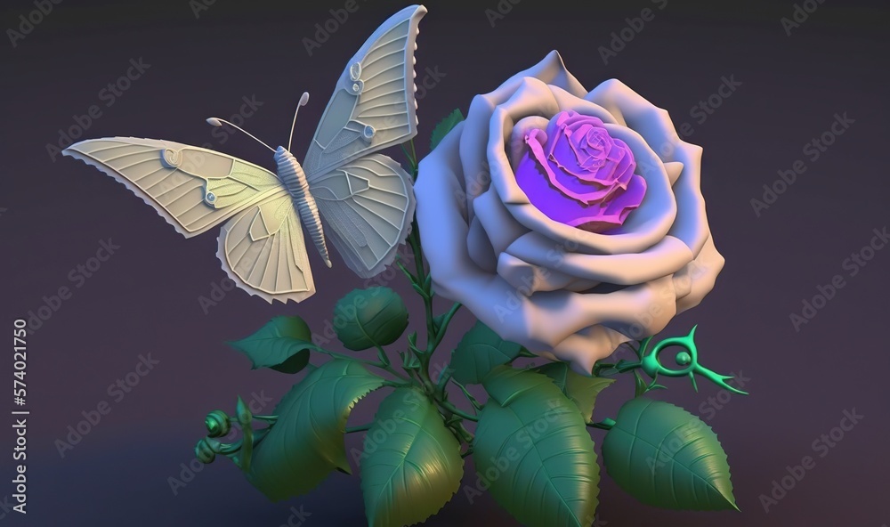  a white rose with a butterfly sitting on top of it.  generative ai