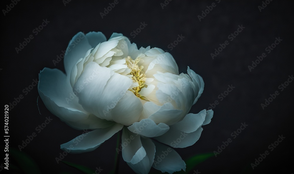  a large white flower with green leaves on a black background.  generative ai