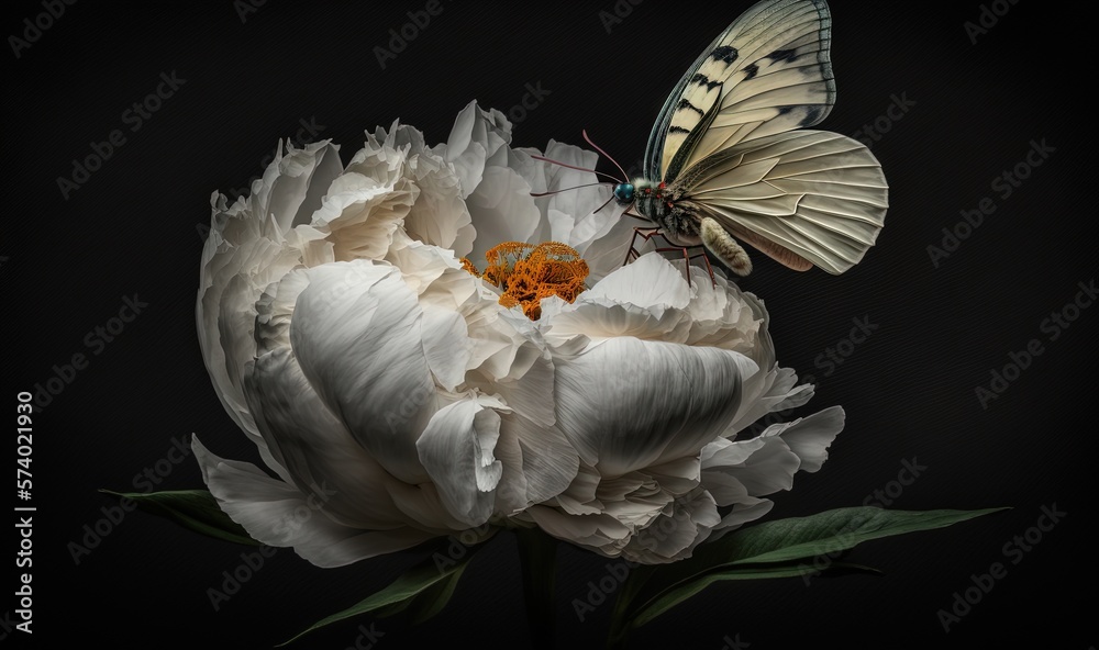  a white flower with a butterfly on its wing.  generative ai