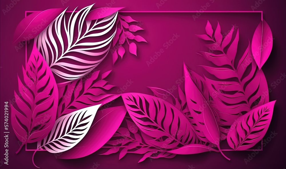  a paper cut of leaves on a purple background with a pink frame.  generative ai