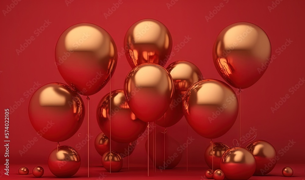  a bunch of red and gold balloons on a red background.  generative ai