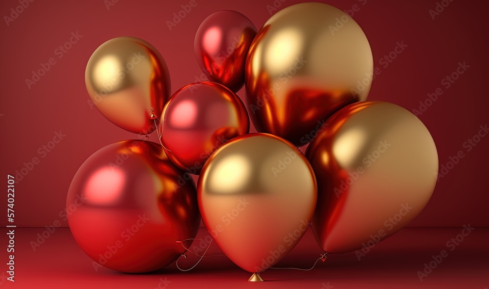  a bunch of red and gold balloons on a red background.  generative ai