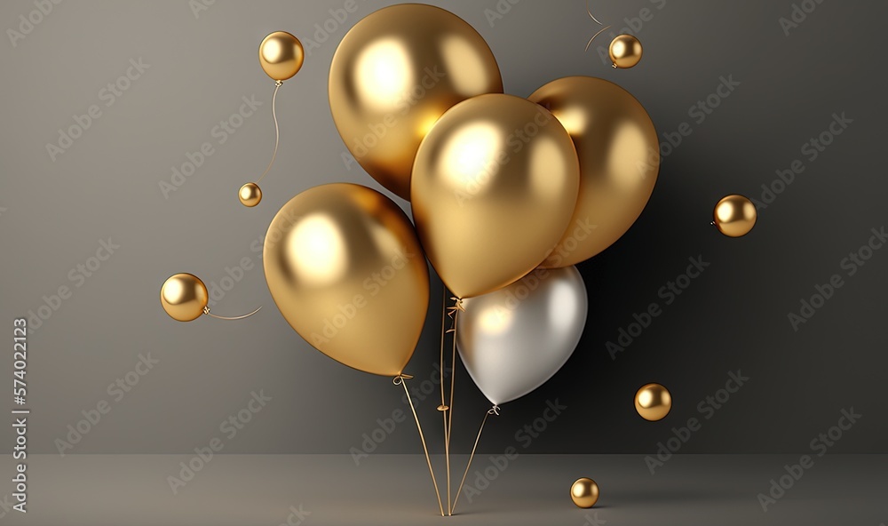  a bunch of gold and silver balloons floating in the air.  generative ai