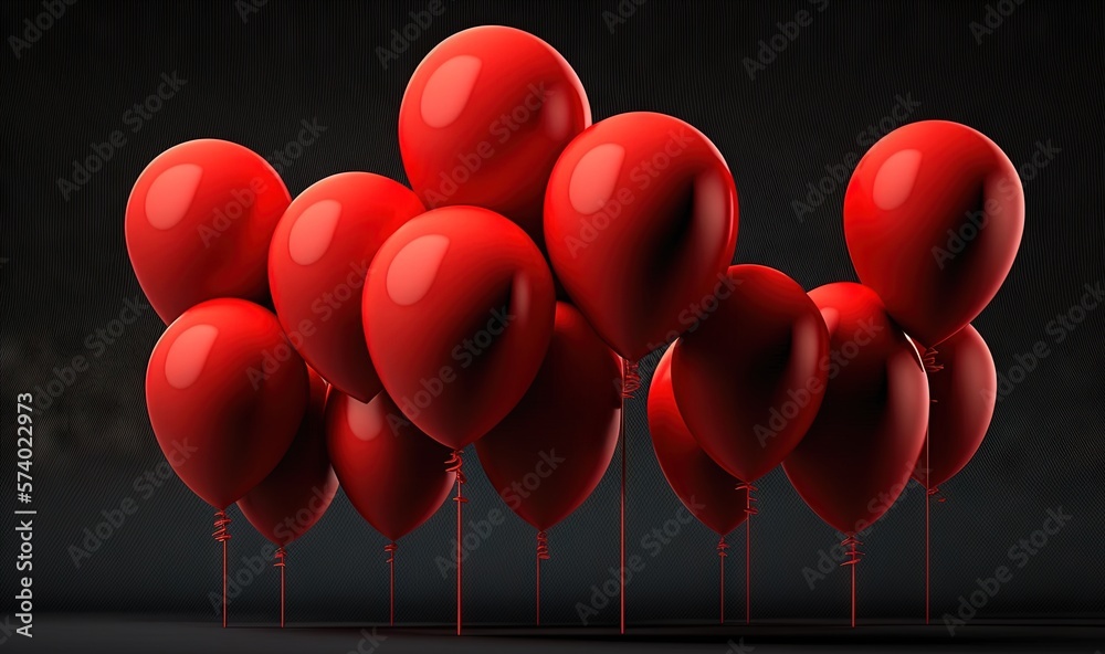  a bunch of red balloons floating on a black surface with a dark background.  generative ai