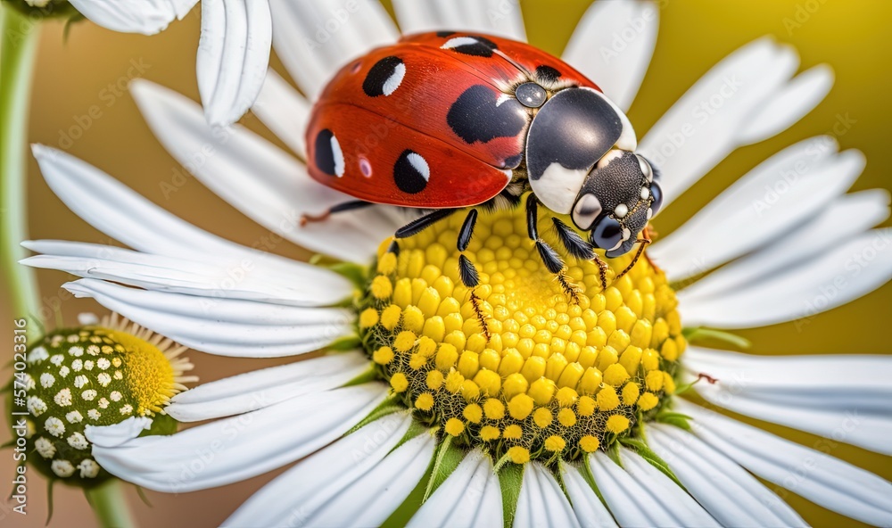  two ladybugs sitting on top of a white flower.  generative ai