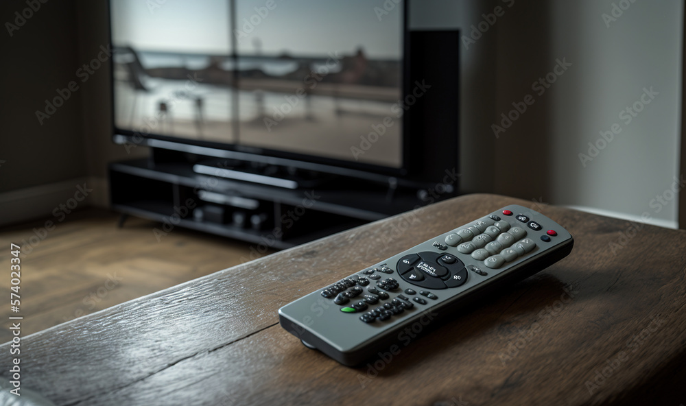  a remote control sitting on a table in front of a television.  generative ai