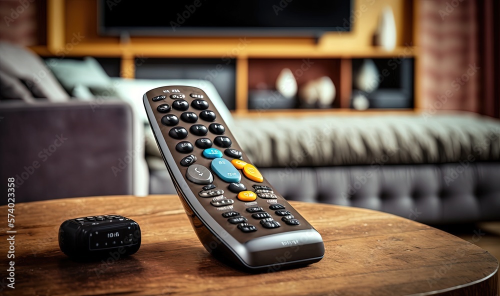  a remote control sitting on top of a wooden table in a living room.  generative ai