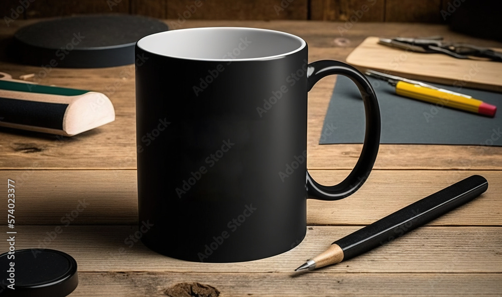  a black coffee mug sitting on top of a wooden table.  generative ai