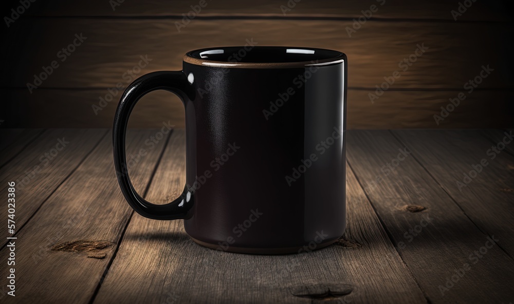  a black coffee mug sitting on top of a wooden table.  generative ai