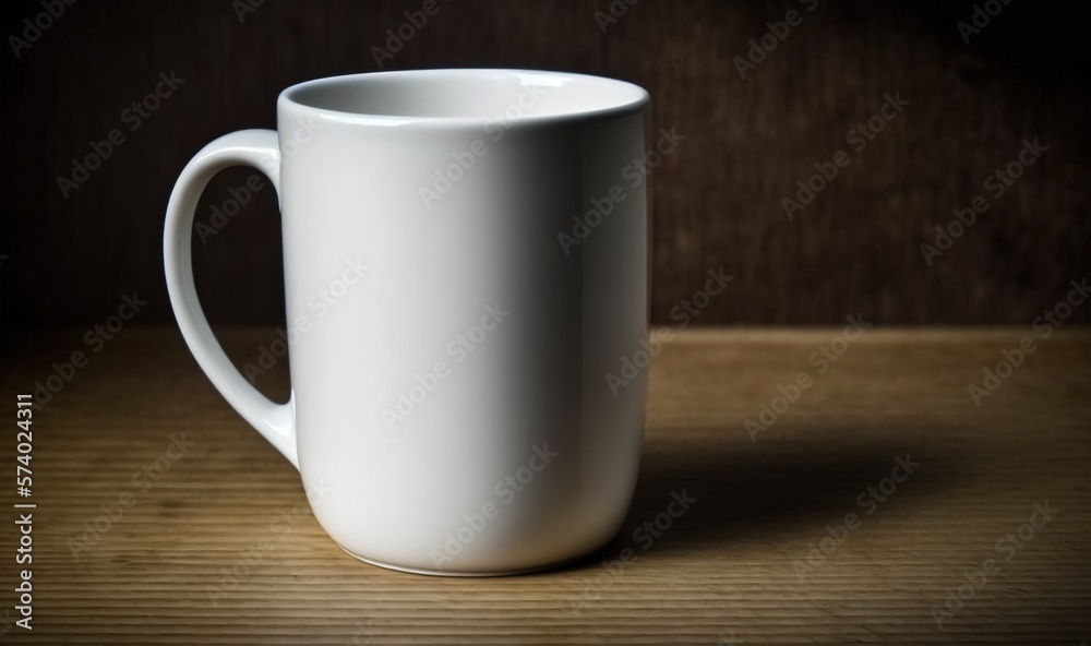  a white coffee cup sitting on top of a wooden table.  generative ai