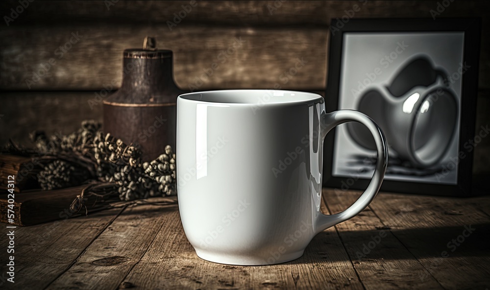  a white coffee cup sitting on top of a wooden table.  generative ai