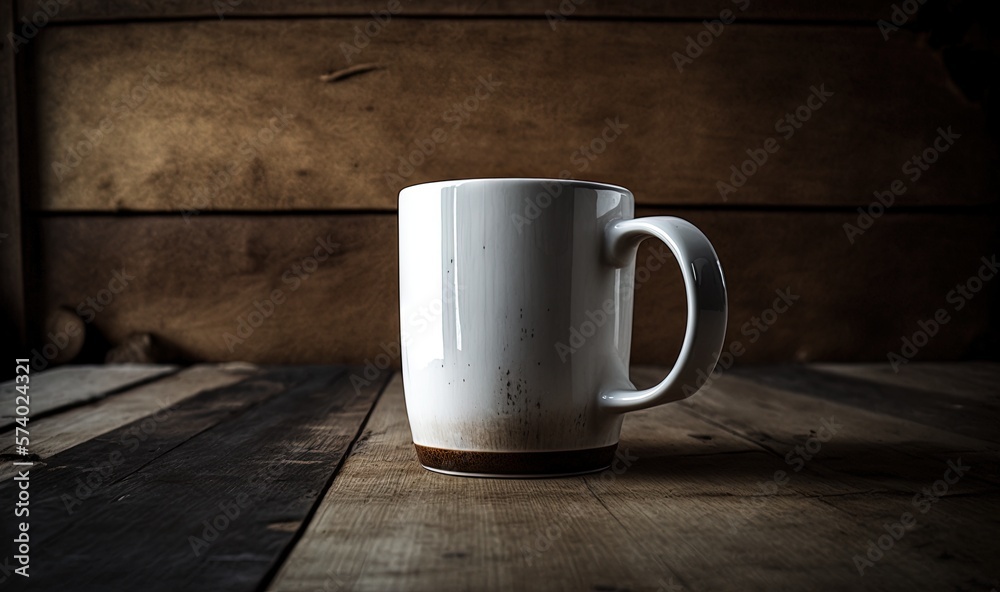  a white coffee cup sitting on top of a wooden table.  generative ai