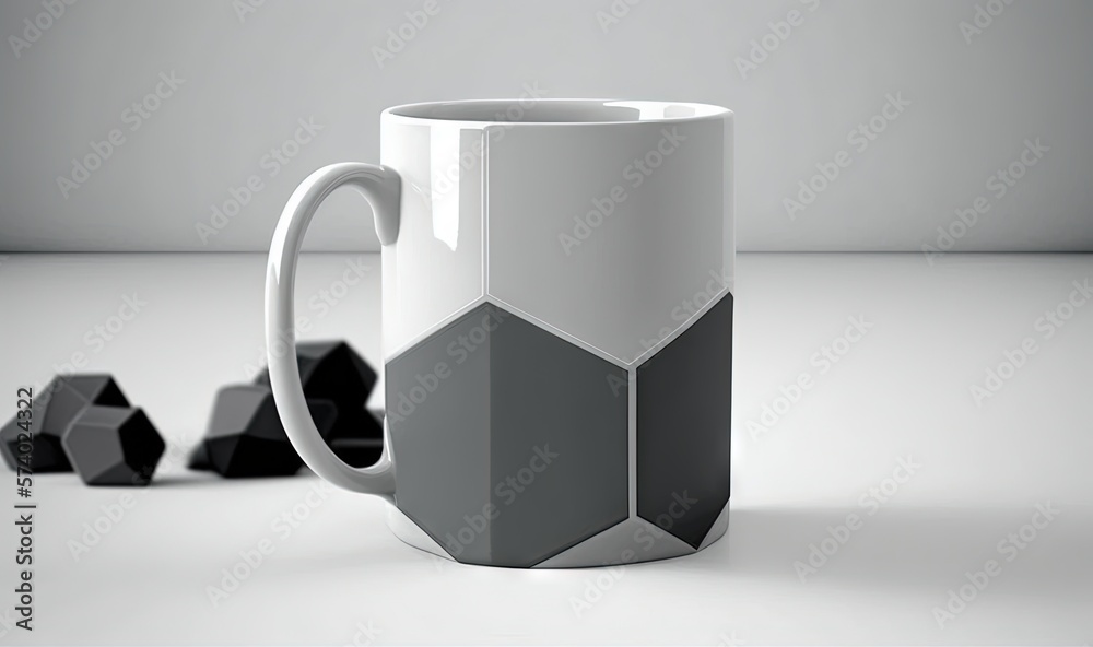  a white coffee mug sitting next to black hexagonals.  generative ai