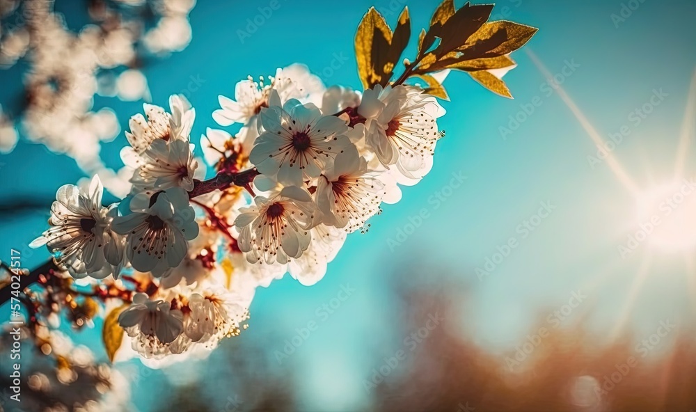  a branch of a cherry tree with white flowers and green leaves.  generative ai