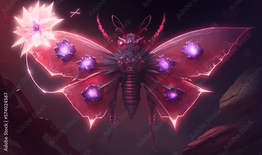  a butterfly with purple and red wings and a purple light.  generative ai