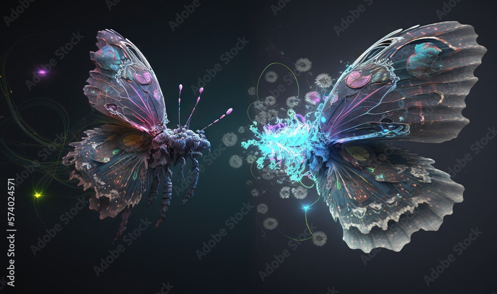  two butterflies are flying in the air with bubbles on them.  generative ai