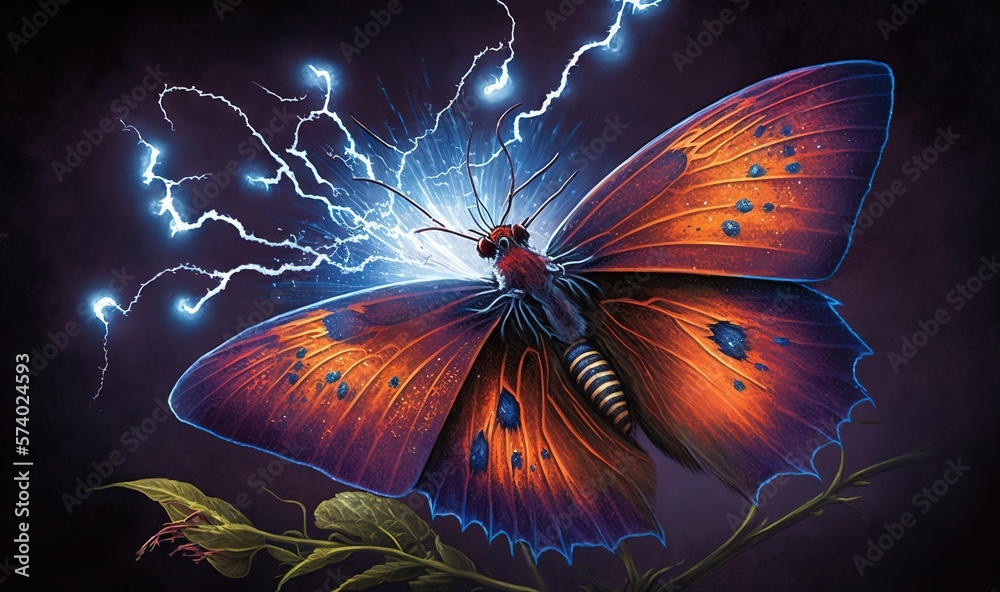  a painting of a butterfly on a flower with lightning in the background.  generative ai