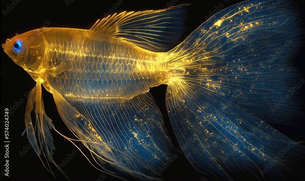  a yellow fish with blue and yellow lights on its side.  generative ai