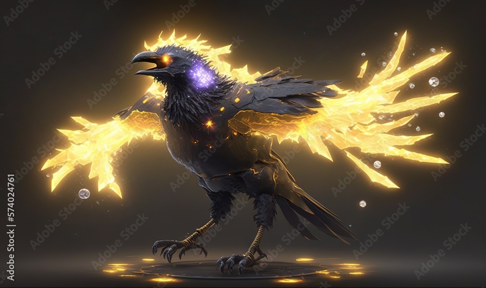  a black bird with yellow wings and a glowing eyeball in its beak.  generative ai