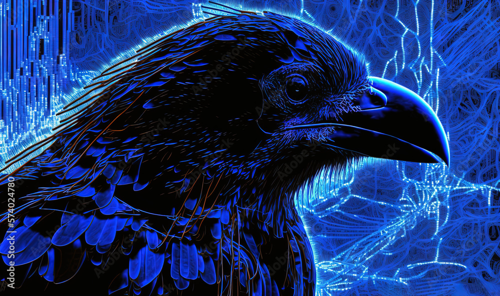  a black bird with a blue background and a blue background.  generative ai