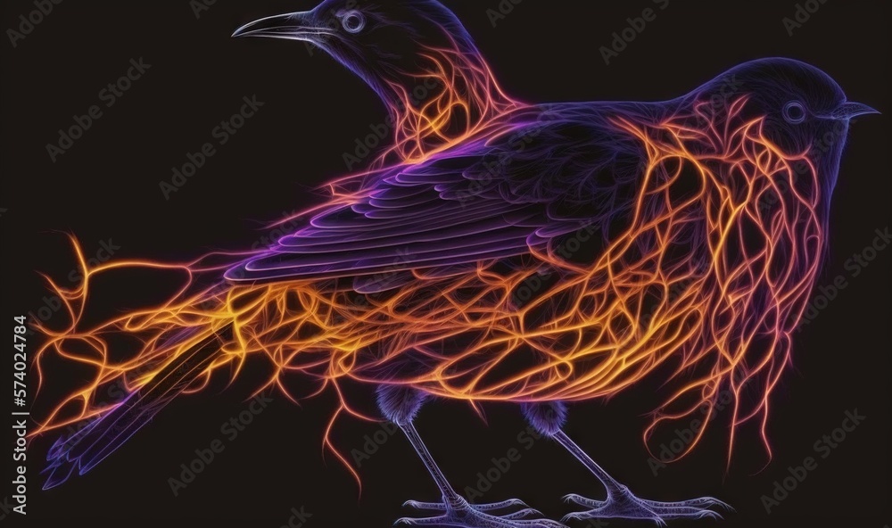  a black bird with orange and red flames on its body.  generative ai