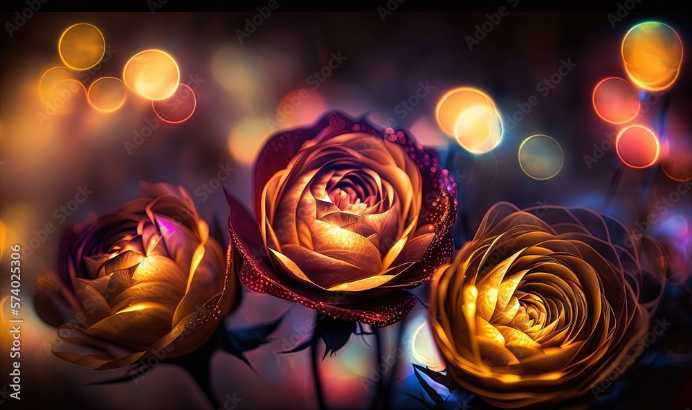  three yellow roses with a blurry background and lights in the background.  generative ai