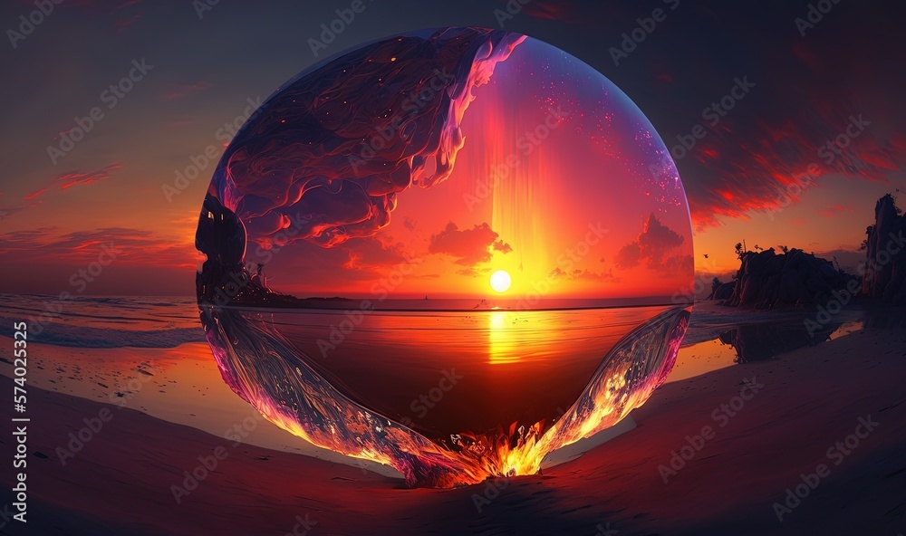  a large sphere with a sunset in the background and a body of water in the foreground.  generative a