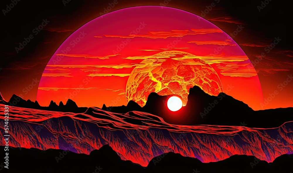  a painting of the sun setting over a mountain range with mountains in the foreground.  generative a