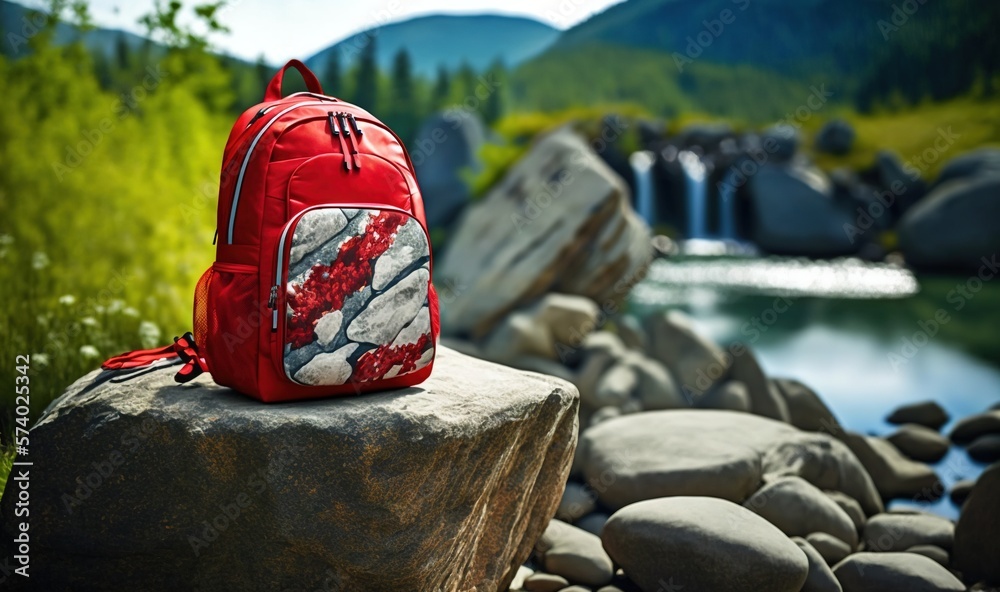  a red backpack sitting on top of a rock next to a river.  generative ai