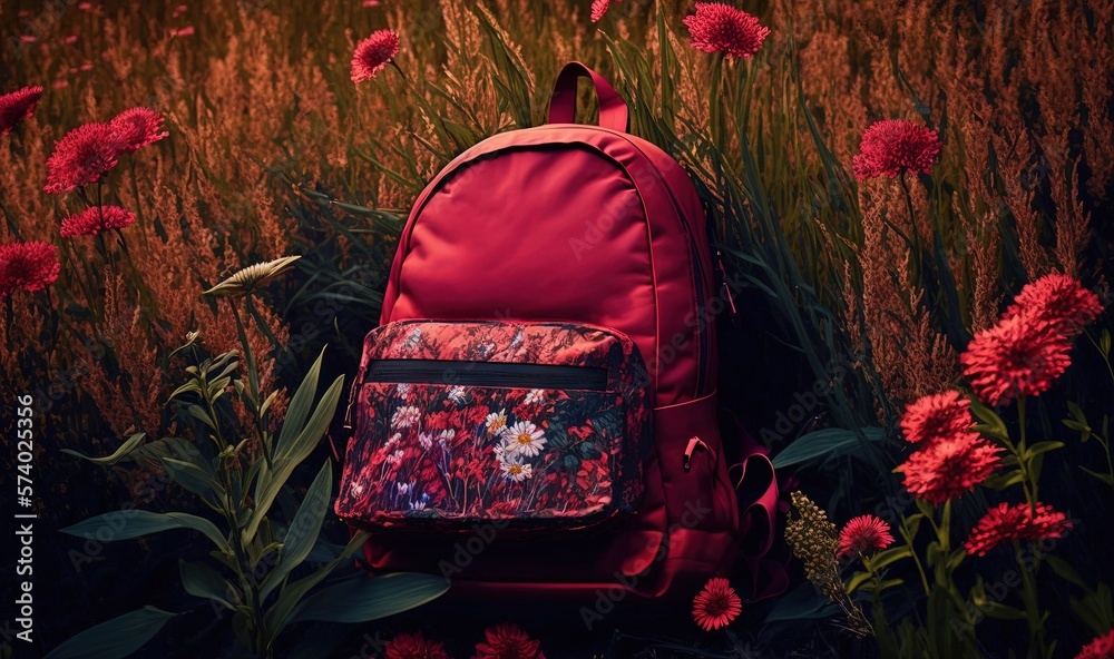  a red backpack sitting in a field of red and pink flowers.  generative ai