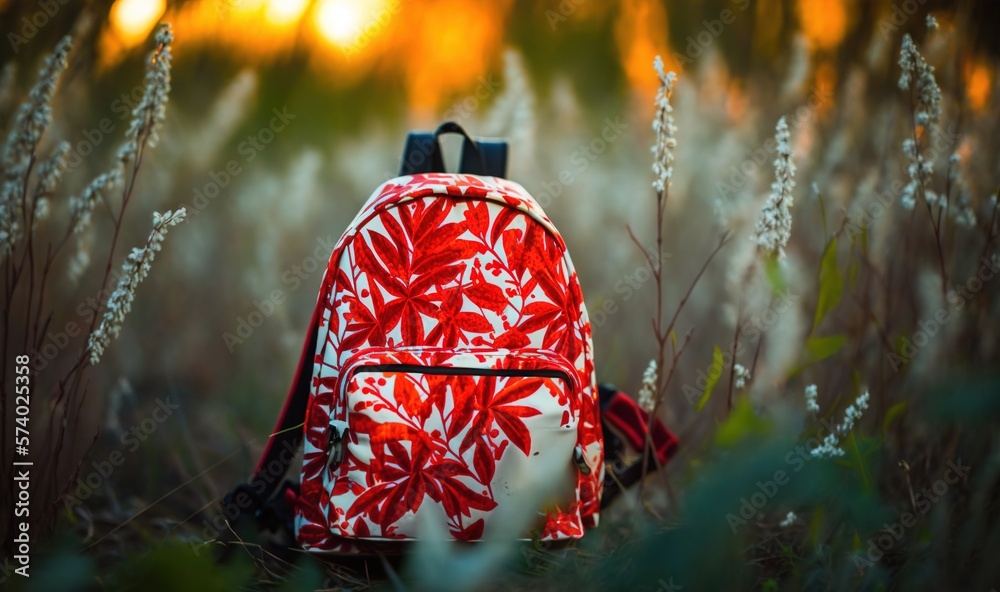  a red and white backpack sitting in a field of tall grass.  generative ai