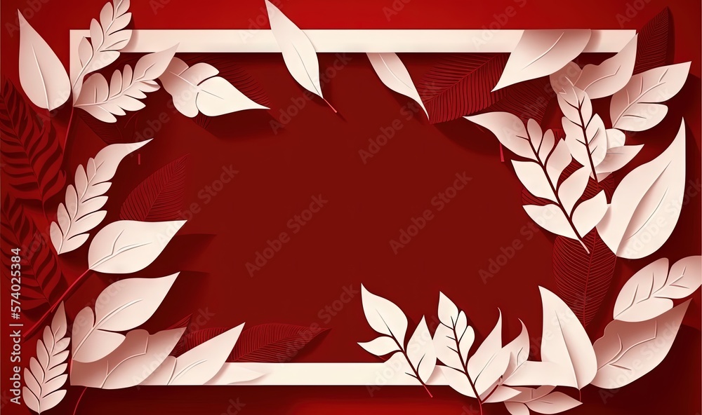  a red background with white leaves and a white rectangle frame.  generative ai