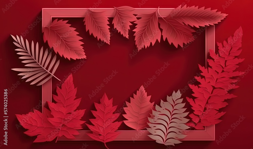  a red background with leaves and a frame on the bottom.  generative ai