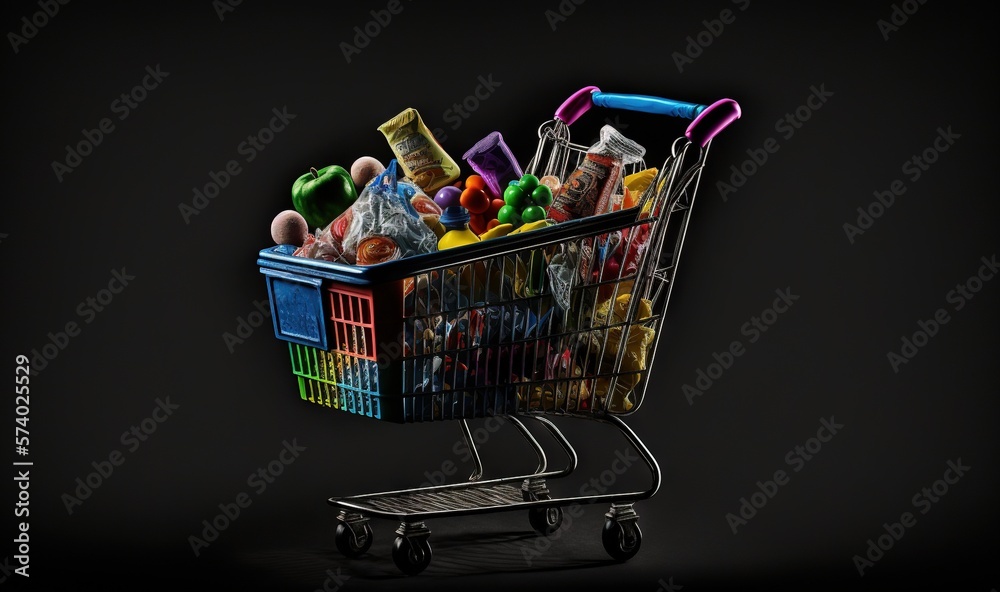  a shopping cart filled with lots of different types of candy.  generative ai