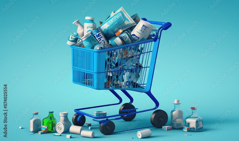  a shopping cart filled with lots of different types of items.  generative ai