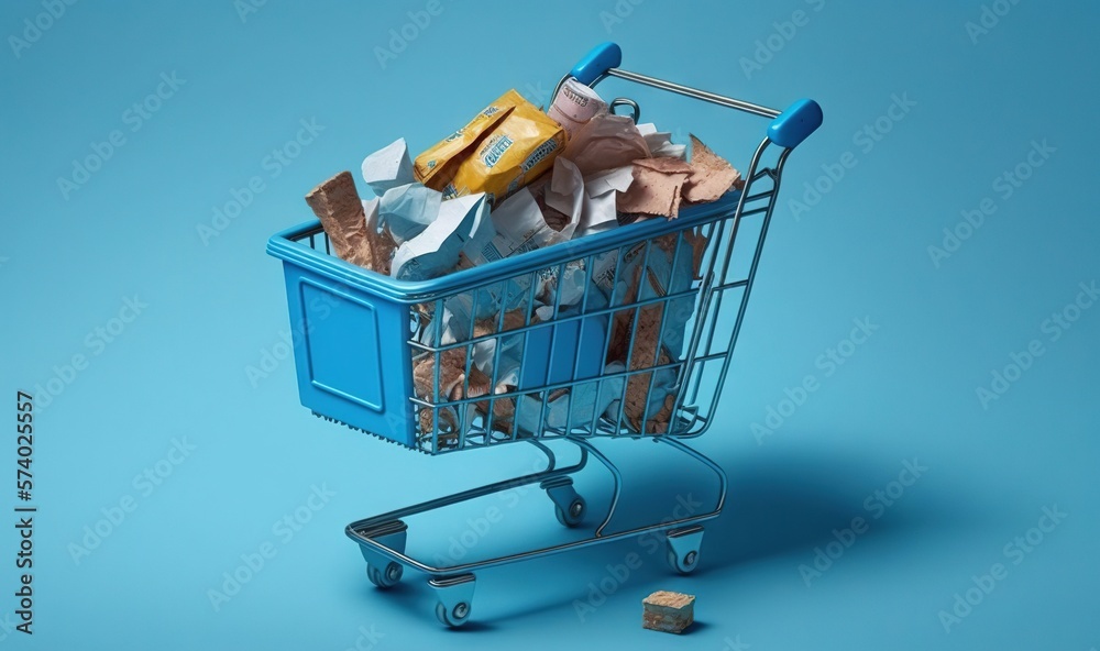  a blue shopping cart filled with bags and paper towels on a blue background.  generative ai