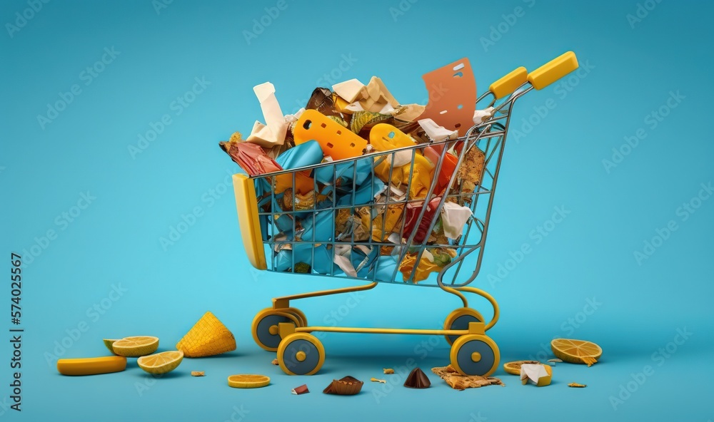  a shopping cart filled with assorted items on a blue background.  generative ai