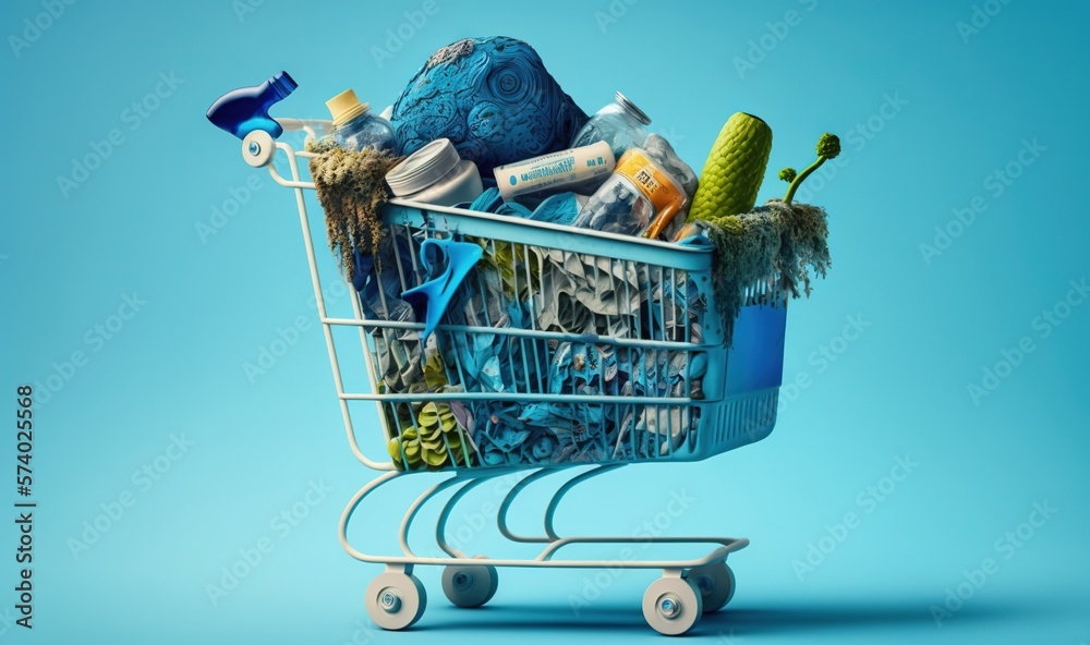  a shopping cart filled with various items on a blue background.  generative ai