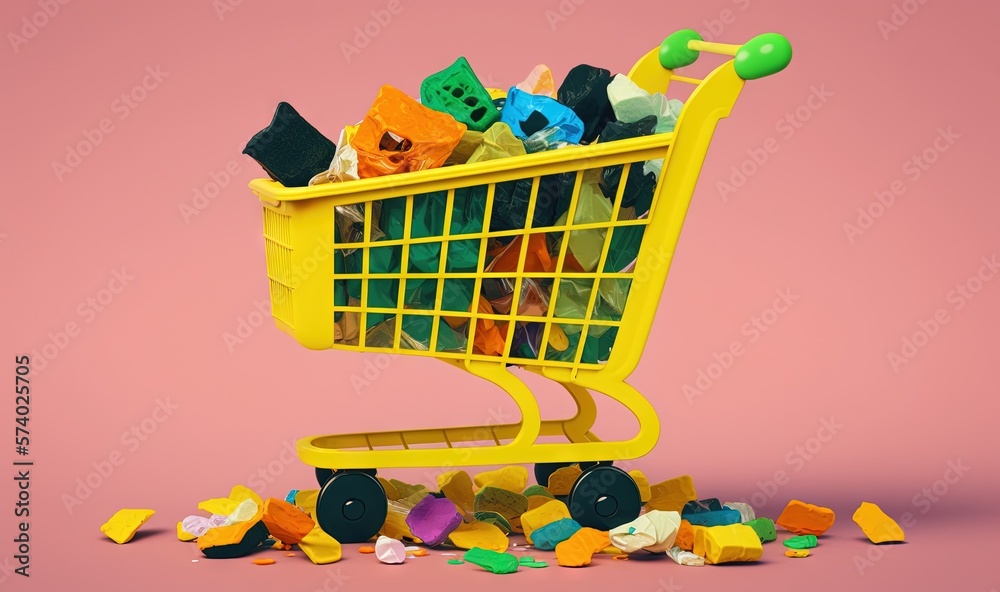  a yellow shopping cart filled with lots of different colored candies.  generative ai