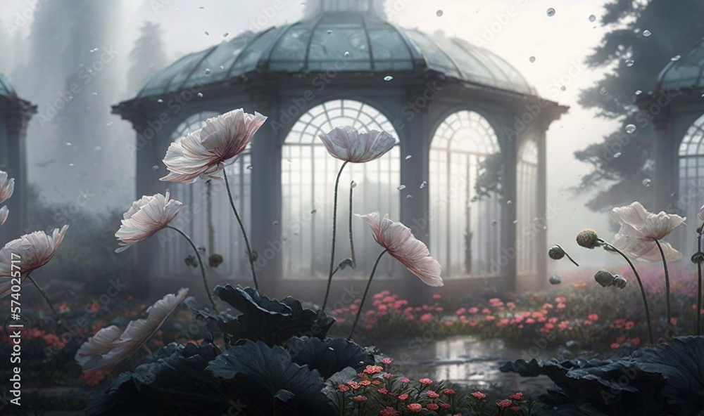  a painting of a gazebo with flowers in the foreground.  generative ai