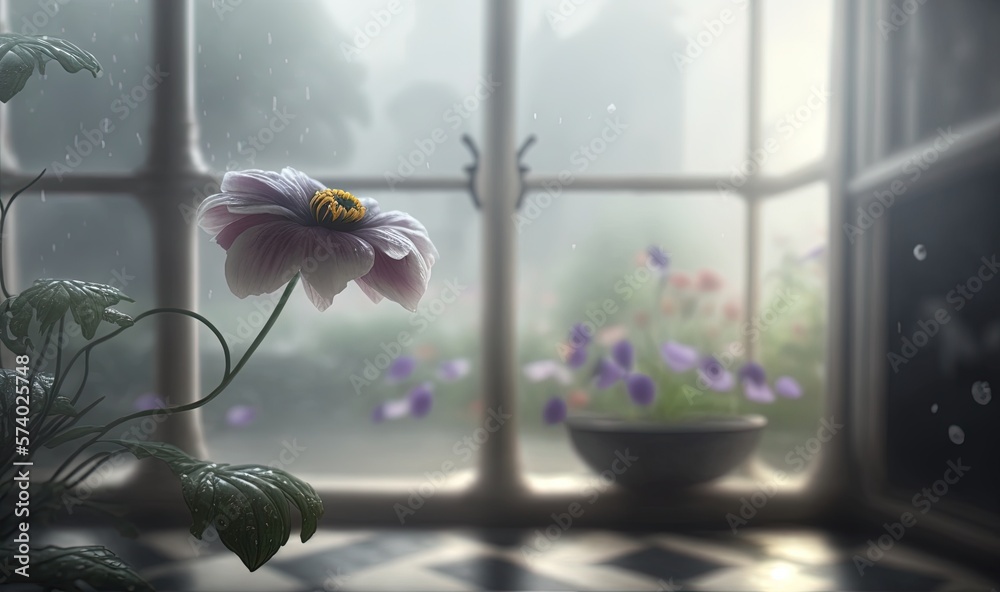  a window with a flower and a potted plant in front of it.  generative ai